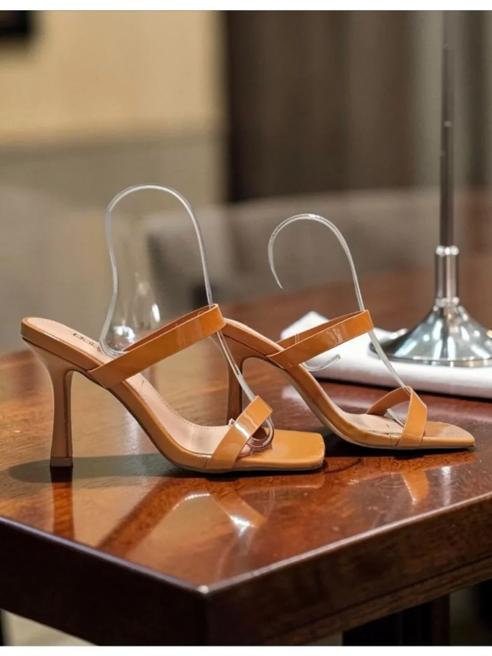 Strap Stiletto Heels With Square Toe & Tan Patent Faux Leather Accents For Women